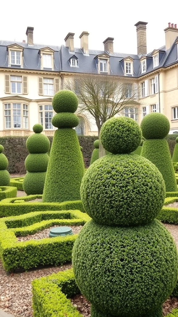 A classic French garden featuring various topiary shapes in green hedges.