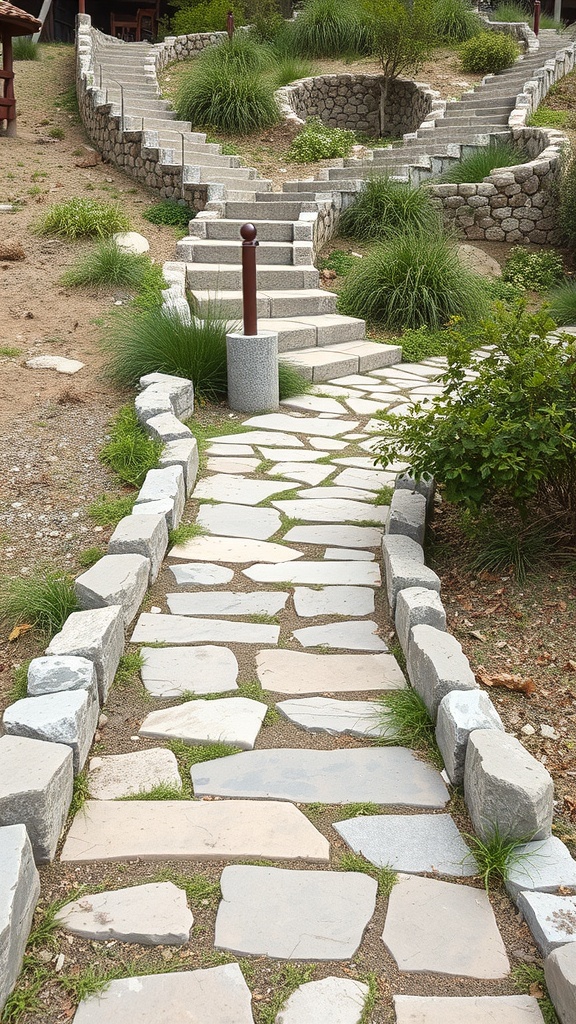 A winding stone pathway in a sloped garden, surrounded by greenery and stone walls.
