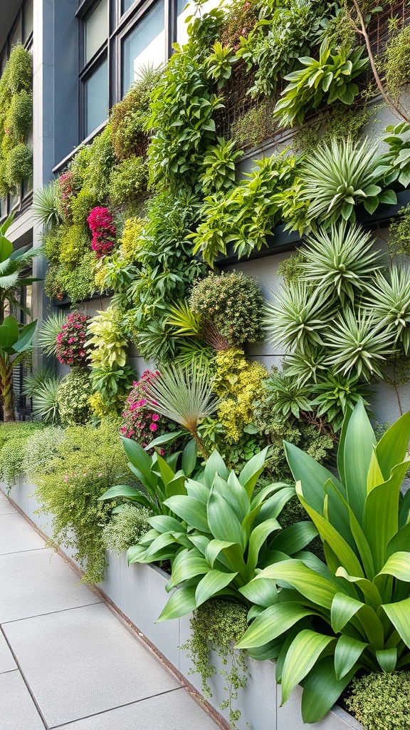 A vibrant vertical garden wall featuring various plants and flowers in an urban setting.