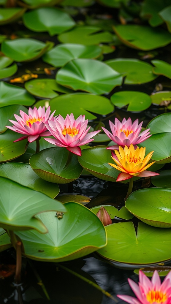 A vibrant display of pink and yellow water lilies on green lily pads in a pond.
