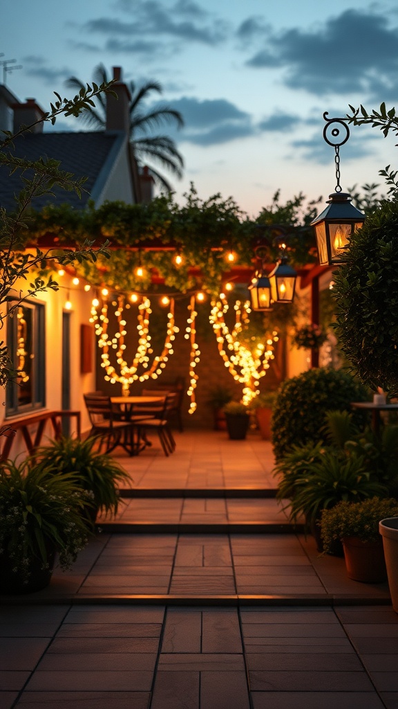 A beautifully lit terrace garden with string lights and lanterns, showcasing a cozy evening atmosphere.