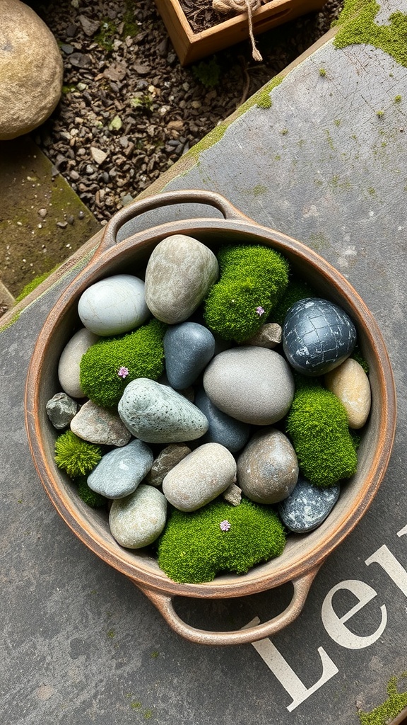 A dish garden featuring smooth stones and vibrant green moss in a round container.