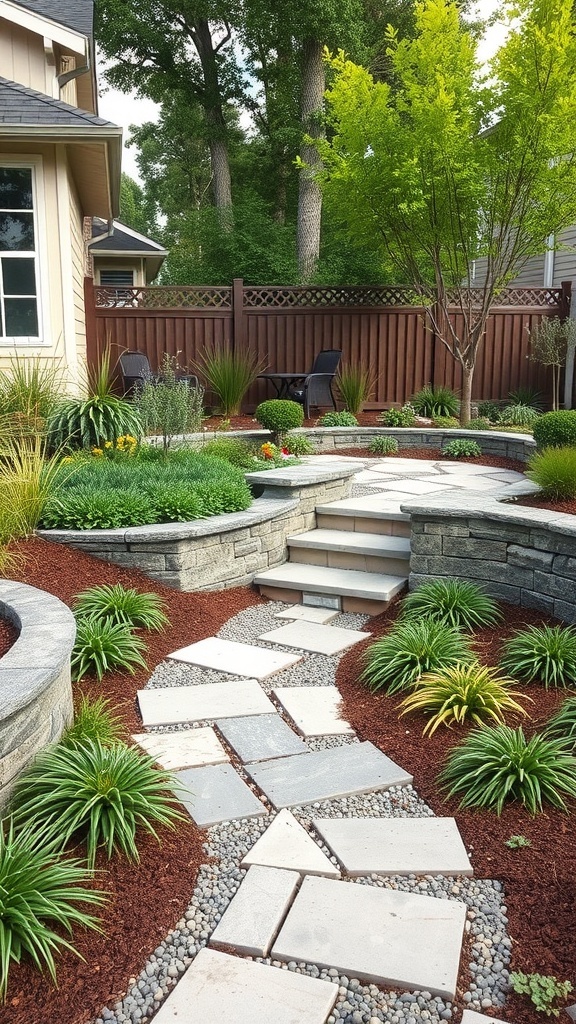 A well-designed front garden featuring stone pathways, steps, and lush greenery.