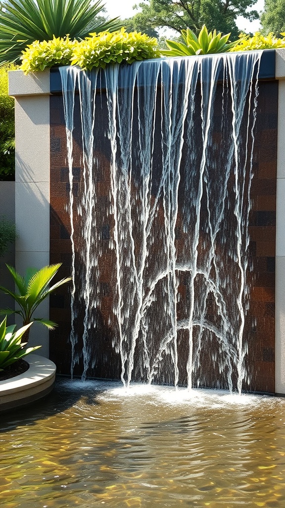 A modern water wall installation with cascading water and lush greenery