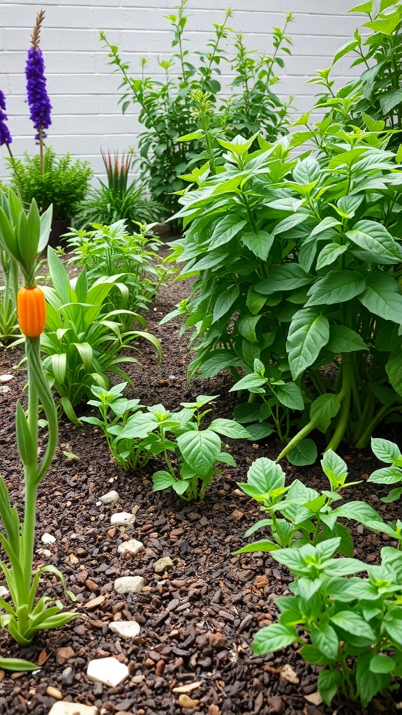A small garden featuring a variety of edible plants and colorful flowers.