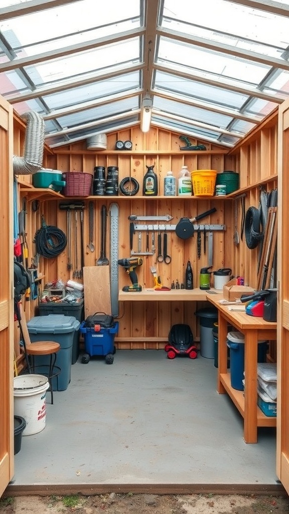 Interior of a multi-purpose utility shed with tools and shelves.