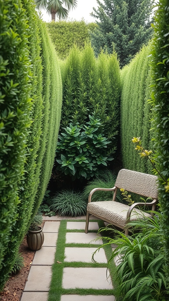 A small garden with tall green plants creating privacy, featuring a stone pathway and a bench.