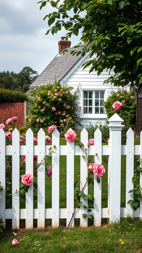 A classic white picket fence with pink roses in a garden setting.