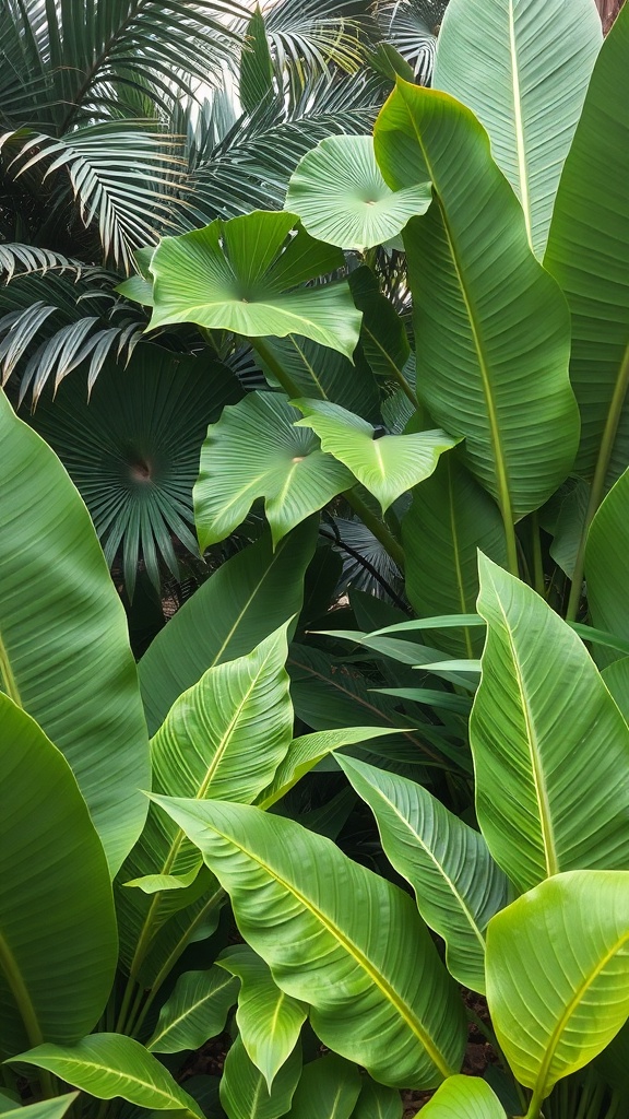 A lush tropical garden featuring a variety of large green leaves, showcasing different textures and shapes.