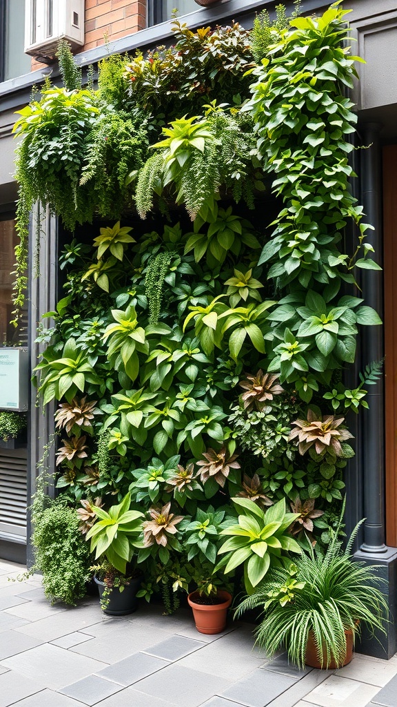 A lush vertical garden wall filled with various green plants, enhancing a small outdoor space.