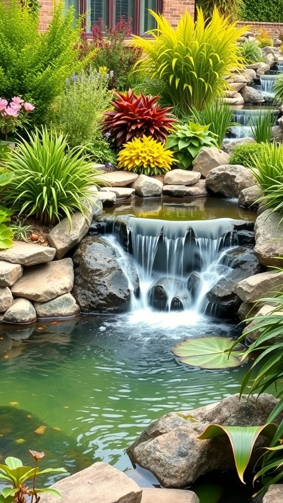 A serene garden water feature with rocks, plants, and flowing water.