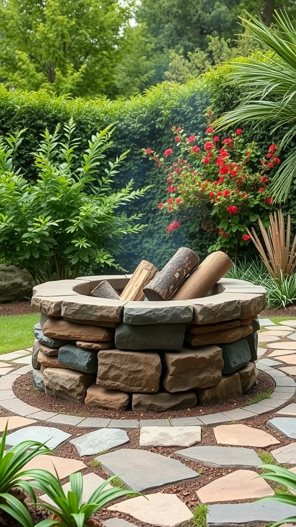 A rustic stone fire pit surrounded by greenery and flowers in a garden.