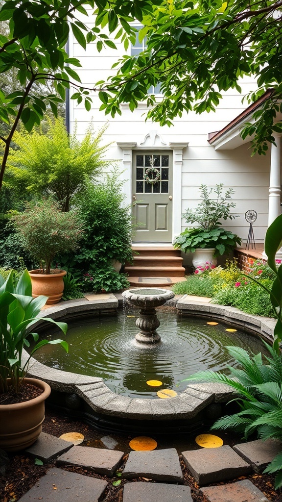 A tranquil front garden with a fountain surrounded by greenery and flowers.