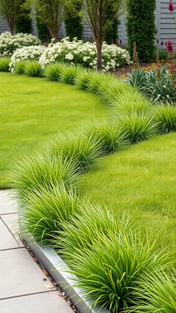 A garden featuring metal edging with lush green grass and various plants.