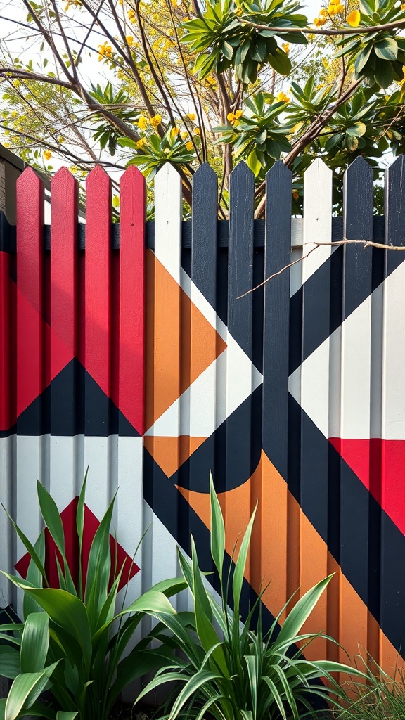 A colorful geometric patterned fence with red, black, white, and orange sections, surrounded by green plants.