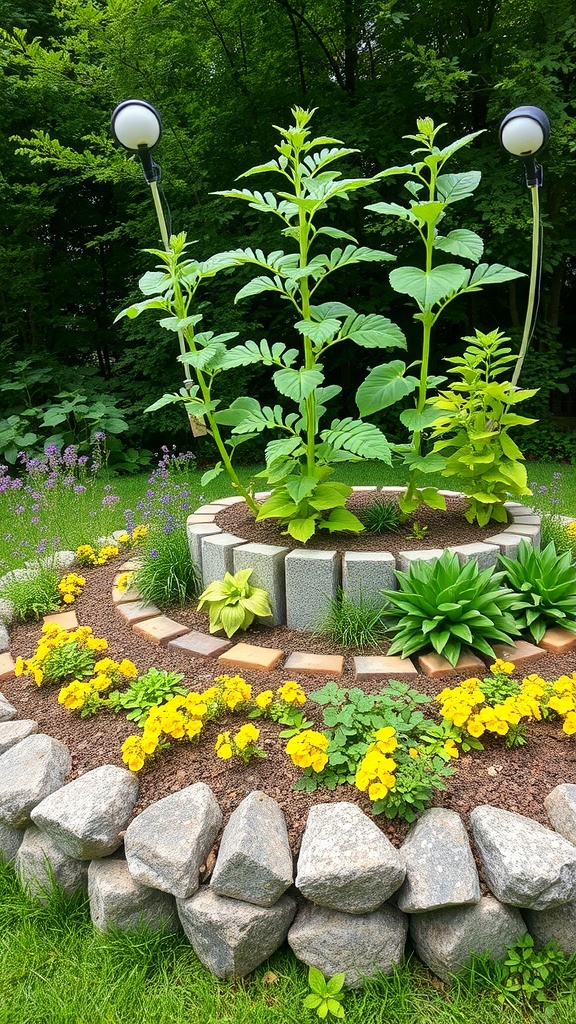 A tiered garden bed with green plants and yellow flowers, surrounded by stone borders and garden lights.