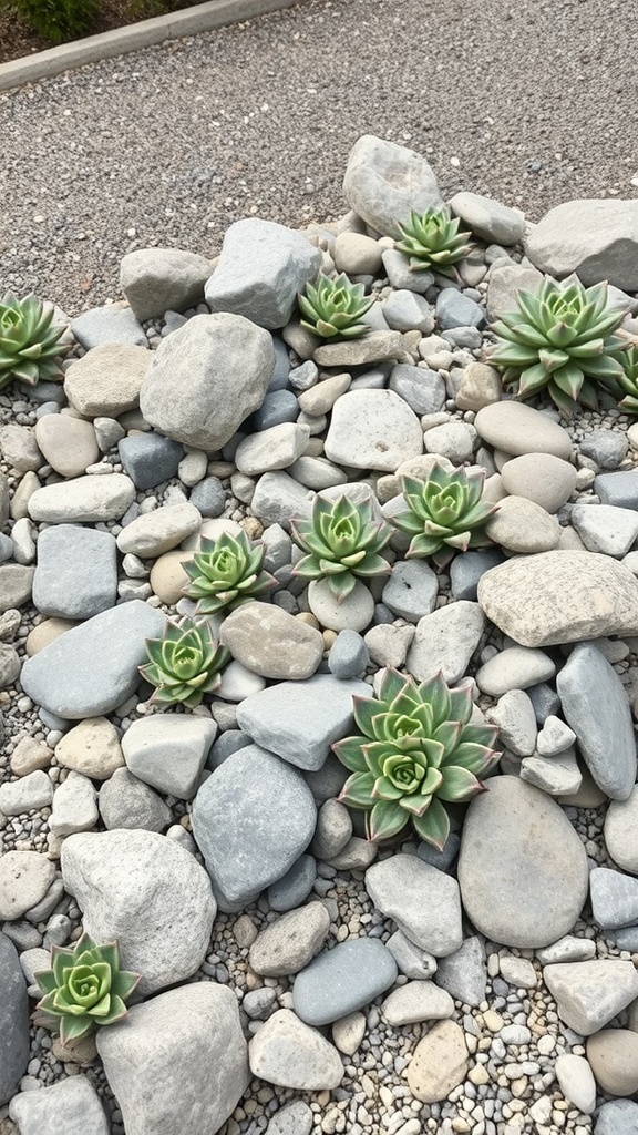 A rock garden featuring various succulents among smooth stones.