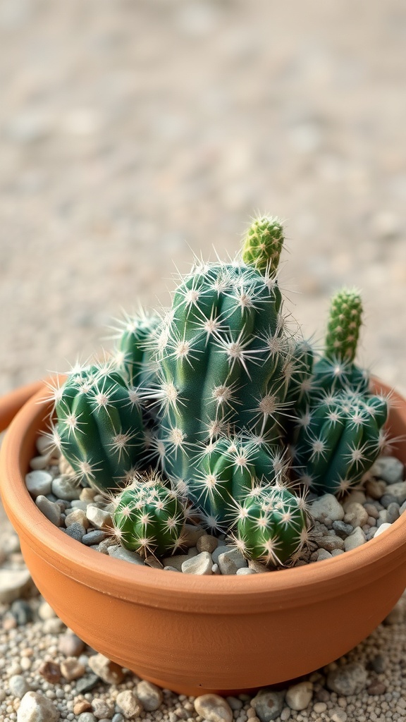A variety of cacti in a terracotta pot with pebbles.