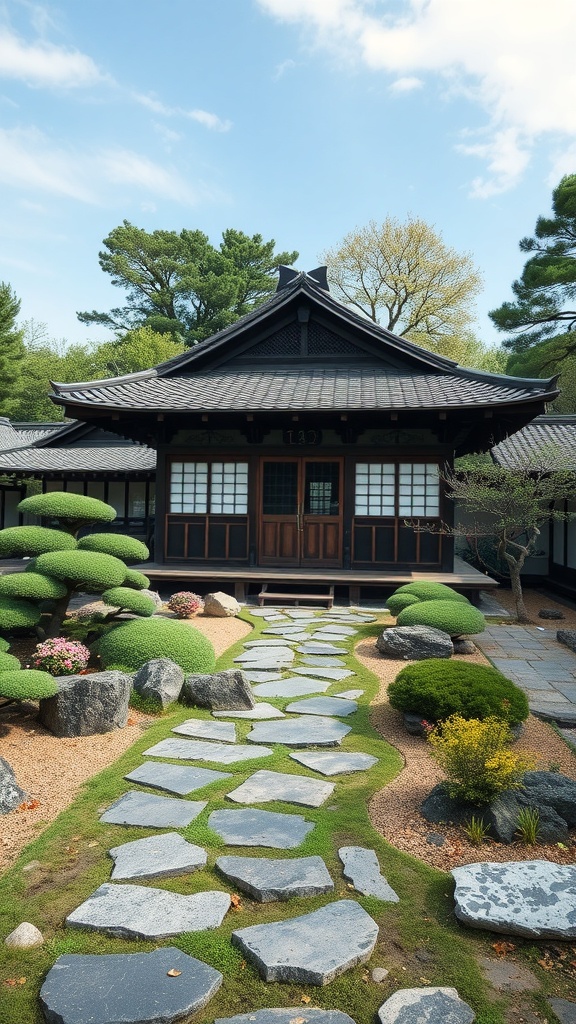A traditional Japanese tea garden featuring a tea house, stone path, and manicured greenery.