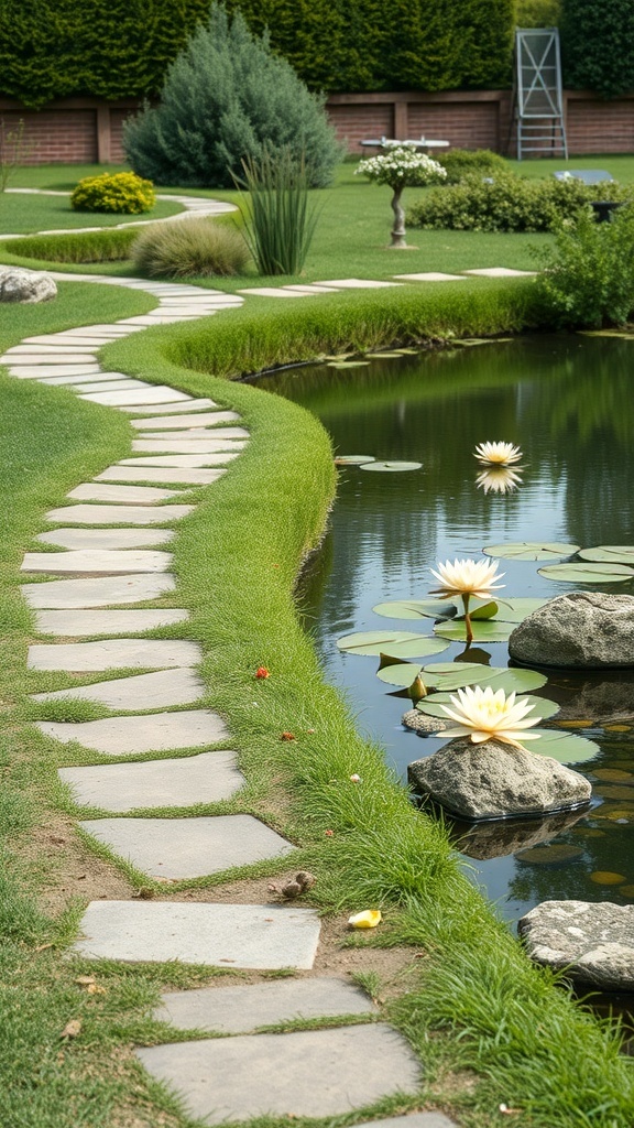 A winding stone pathway beside a pond with water lilies