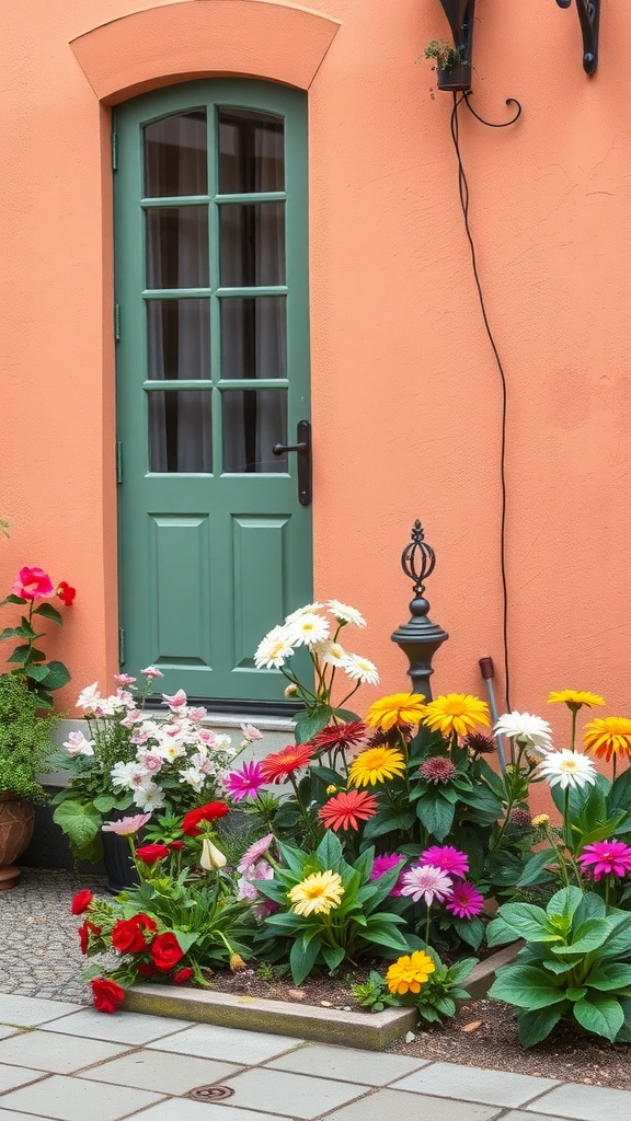 A small garden with colorful flowers in front of a peach wall and green door.