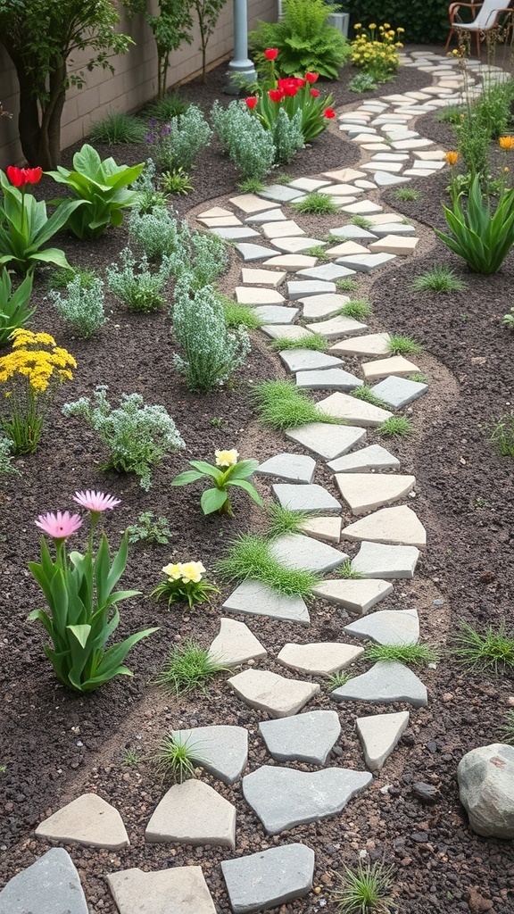 A winding stone pathway through a small garden filled with flowers and greenery.