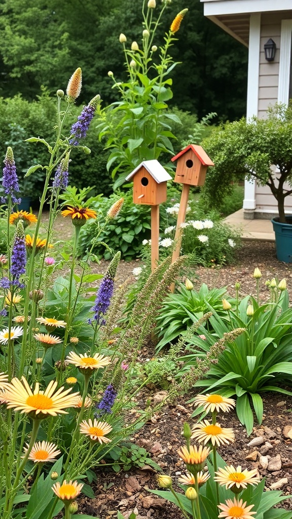 A vibrant front yard garden with flowers and birdhouses.