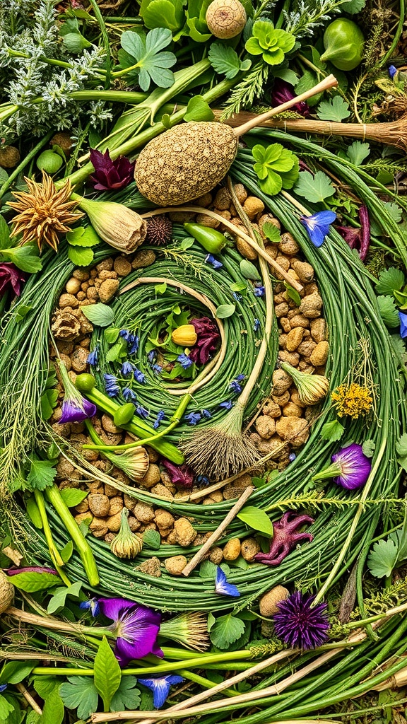 A colorful herb spiral made of various herbs, flowers, and natural materials.