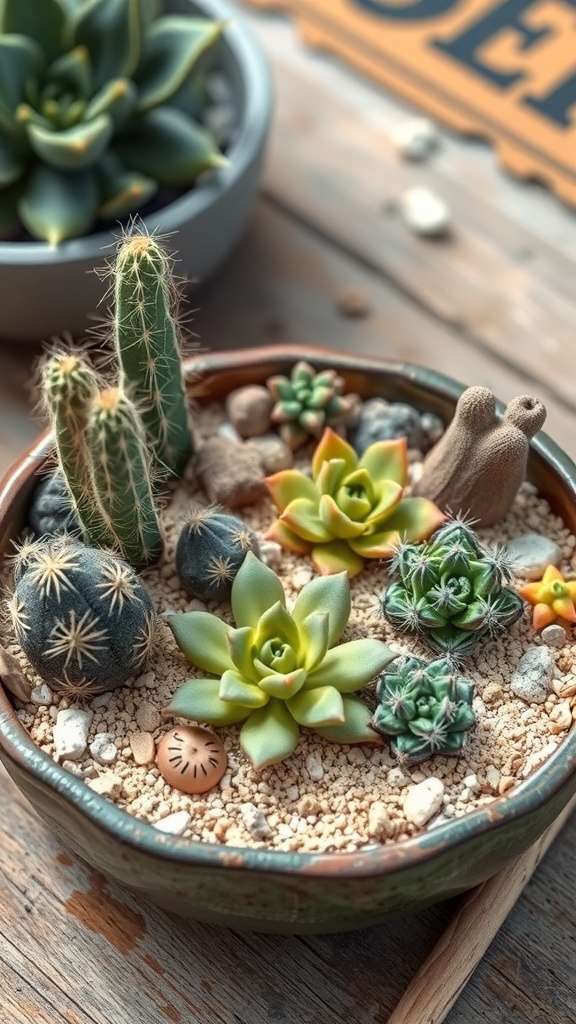 A desert-themed dish garden featuring various succulents and cacti in a sandy base.