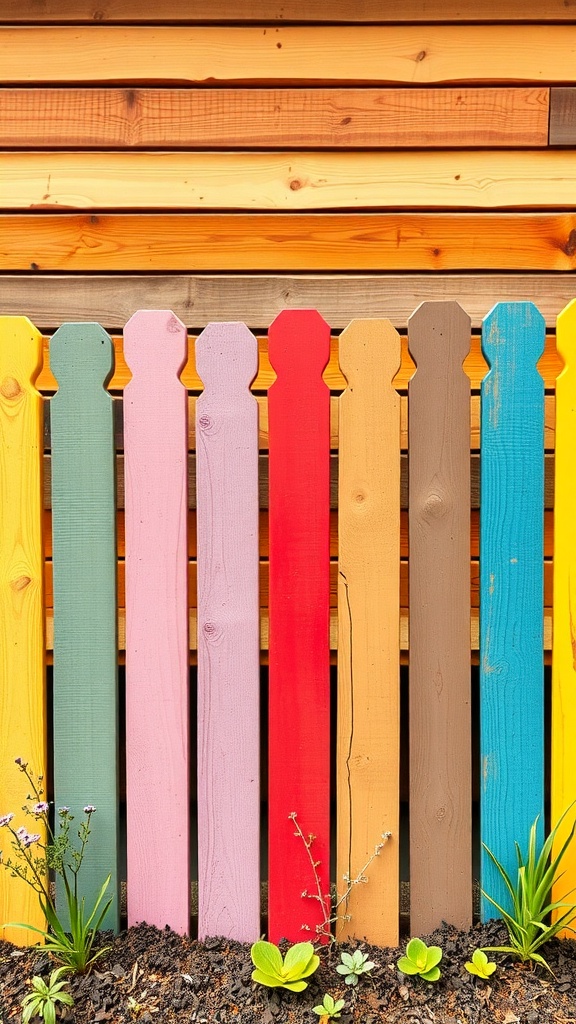 Colorful painted wooden fence with various hues and small plants at the base
