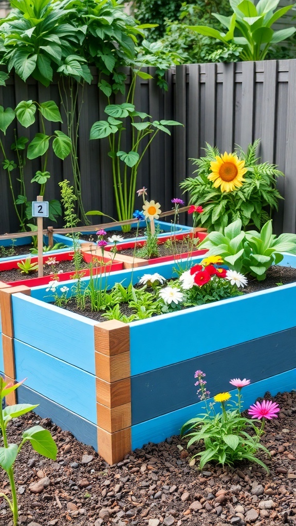 A colorful raised garden bed with flowers, designed for children.