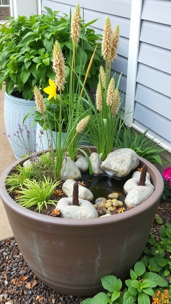A container rain garden with plants, stones, and water.