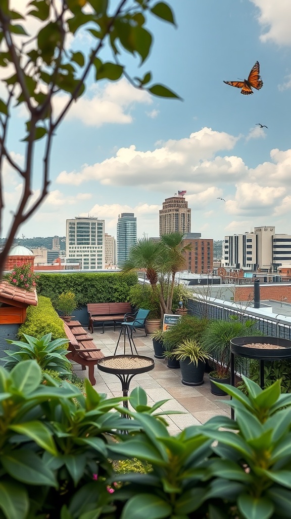 A rooftop garden with seating, plants, and a butterfly against a city skyline.