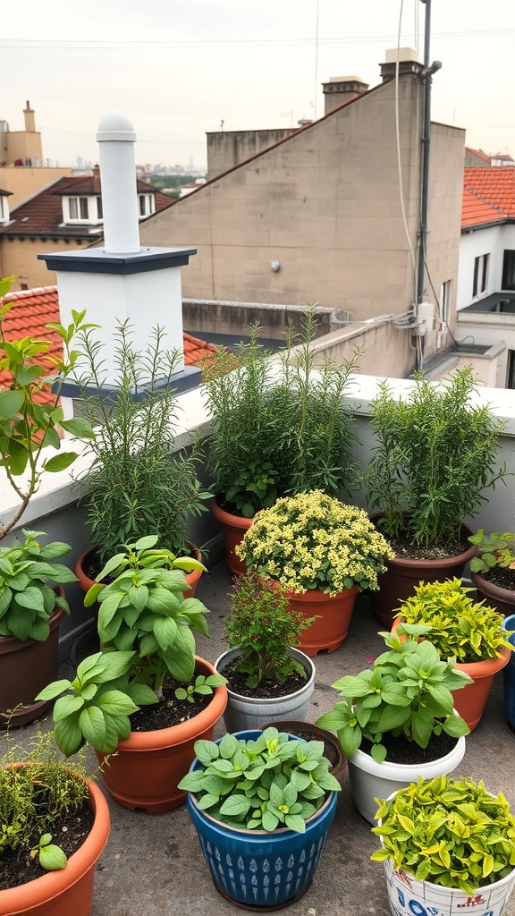 A rooftop garden filled with various potted herbs including basil, rosemary, and mint.