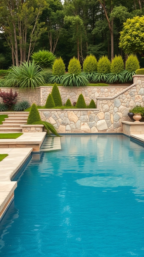 A beautifully designed swimming pool surrounded by lush greenery and stonework.