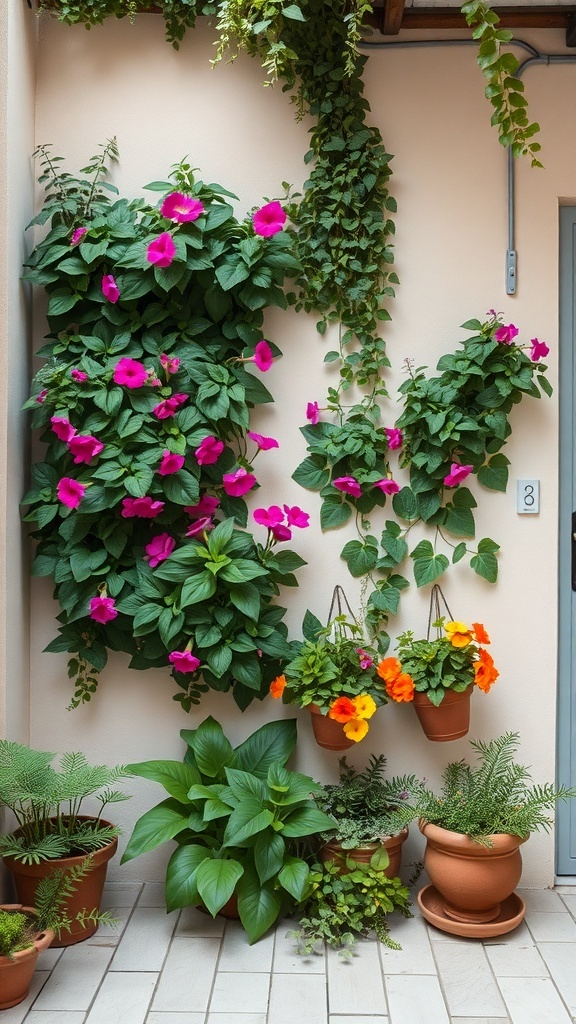 A vertical garden with vibrant flowers and greenery on a wall, featuring hanging pots and potted plants on the ground.