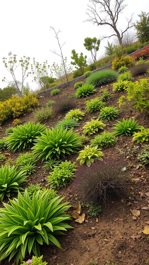 A sloped garden with various green plants arranged in layers.