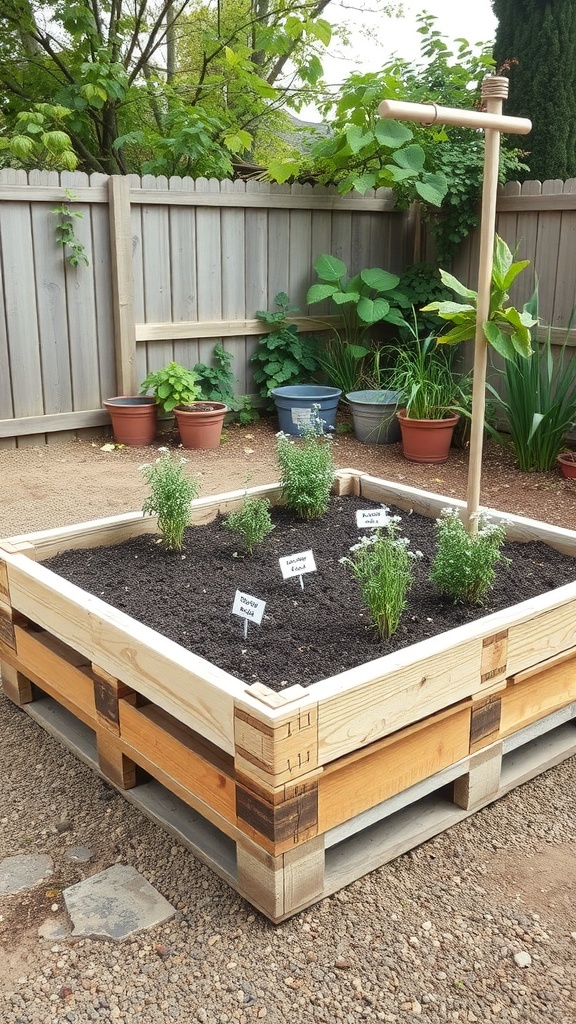 A raised garden bed made from wooden pallets with herbs planted inside.