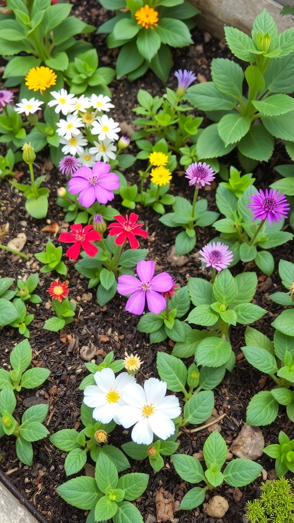 A small garden filled with colorful flowers including pink, white, and yellow blooms.