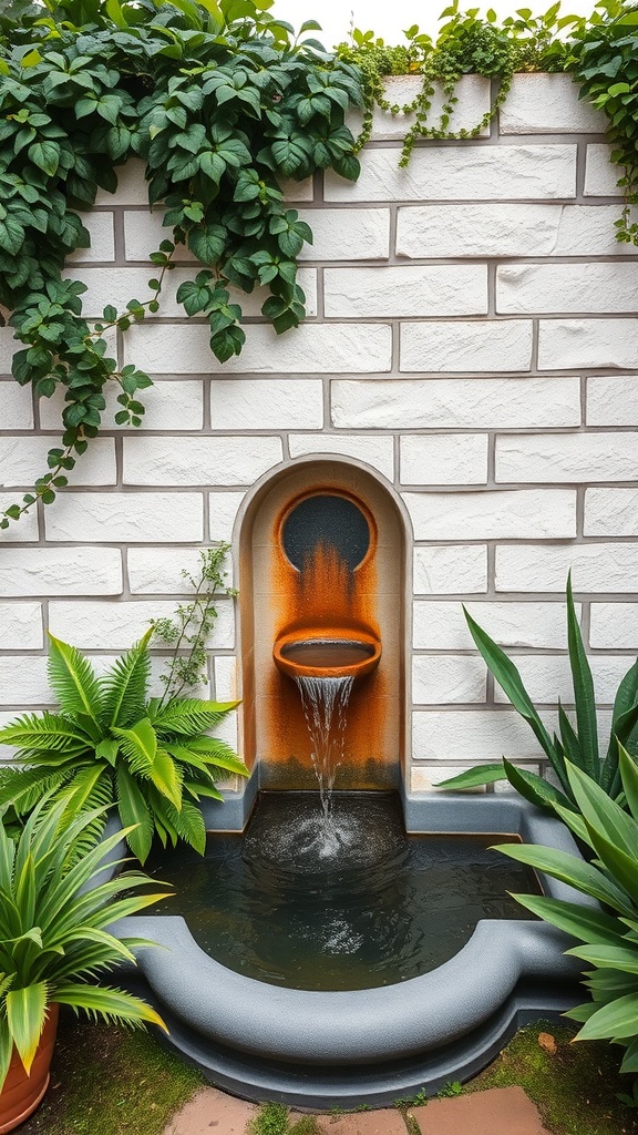 A serene garden wall with a water feature, surrounded by lush green plants.