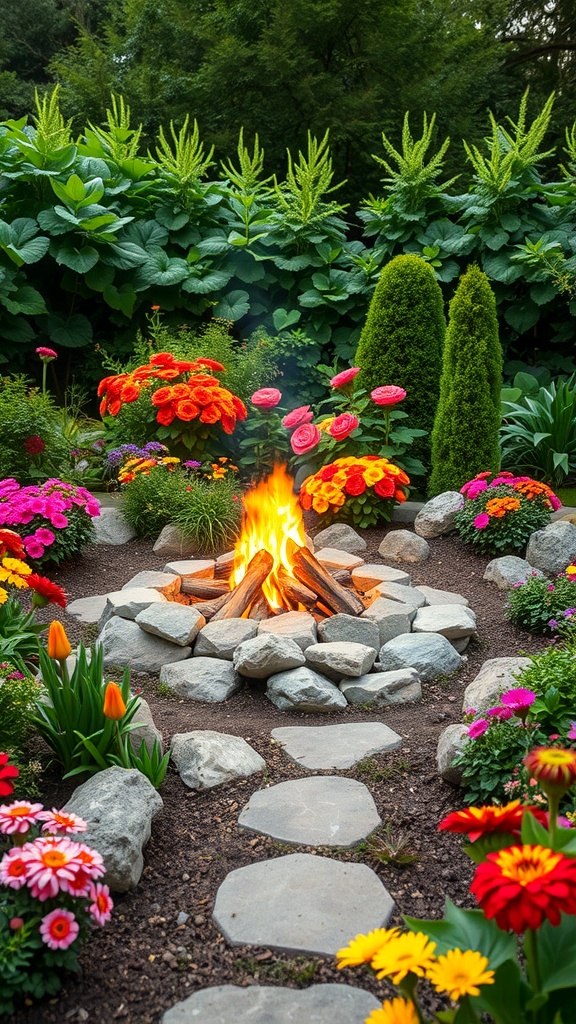 A vibrant fire pit garden with colorful flowers and lush greenery surrounding a stone fire pit.