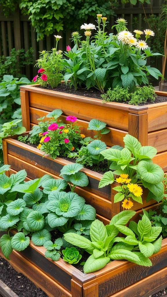 A tiered raised garden bed filled with colorful flowers and leafy vegetables.