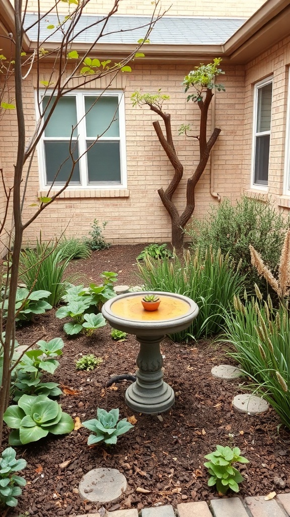 A courtyard garden featuring a birdbath surrounded by native plants and greenery.