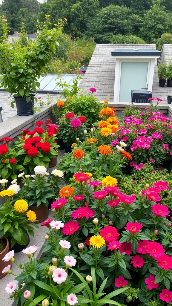 A vibrant roof garden filled with colorful flowering plants in pots.