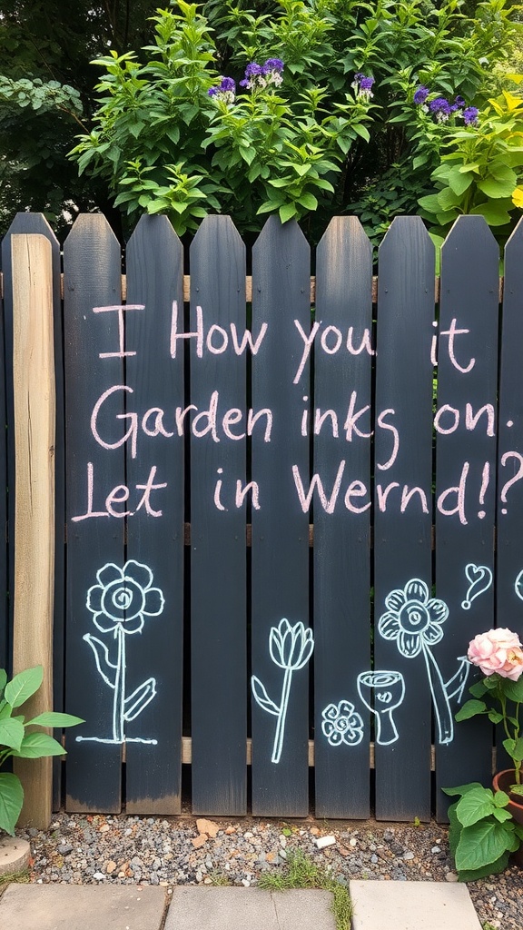 A chalkboard fence with colorful drawings and messages in a garden setting.