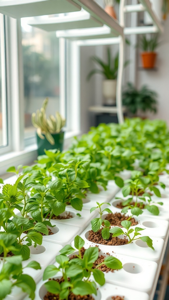 A hydroponic herb garden with young plants growing in white containers under bright lights.