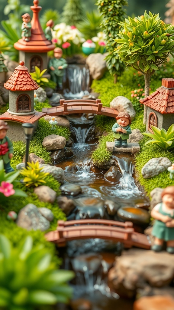 A whimsical garden waterfall with tiny figures, colorful flowers, and a small bridge.