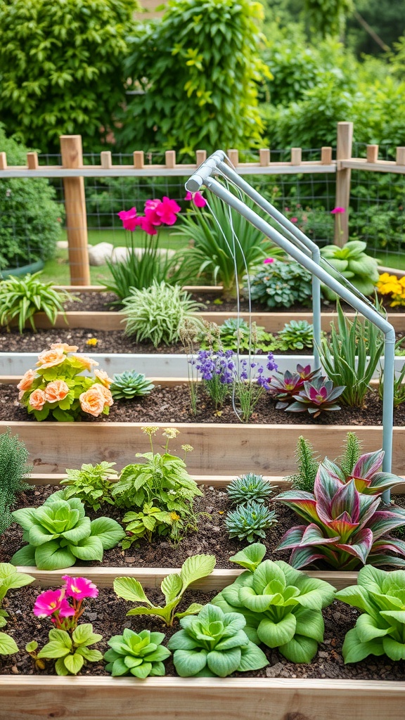 A colorful raised garden bed layout featuring various plants and flowers.