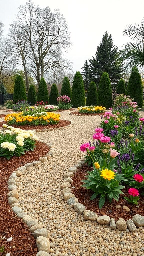 A garden path lined with pebbles, surrounded by colorful flowers and greenery.