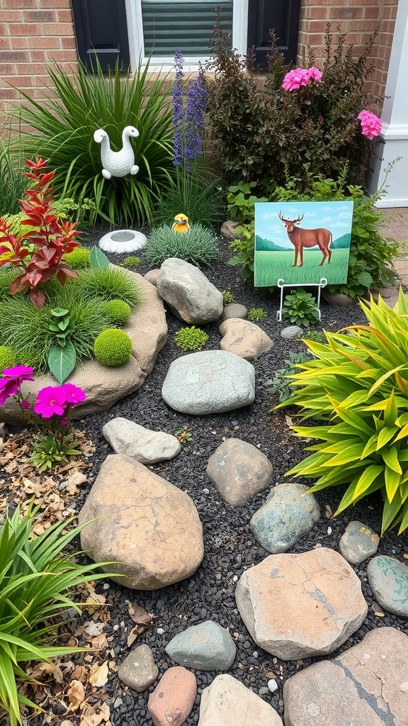 A vibrant front yard garden featuring various sculptures and plants.